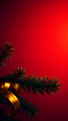 Warm Red Christmas Background With Pine Branches and Gold Ribbon, Elegant Holiday Banner for Text. Merry Christmas, New Year and Happy Holidays greeting card, frame, banner With Copy Space.