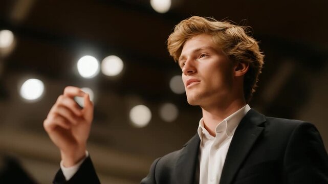 Auctioneer mid-speech, bathed in warm spotlight, dynamic gesture frozen in dramatic motion &mdash; concept of charismatic leadership, energy of live commerce, and artistic storytelling in high-value