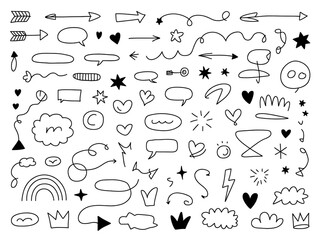 A collection of hand-drawn doodle elements arranged in a scattered pattern on a white background.