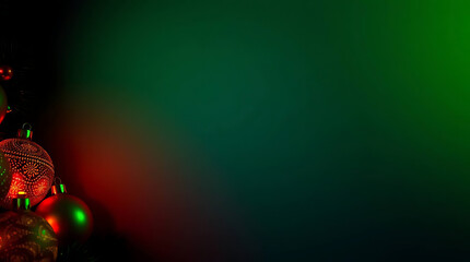 Bioluminescent Festive Deep Green Background, smooth gradient, shiny gold and red baubles of Christmas ornaments. Merry Christmas, New Year and Happy Holidays greeting card with Template for Text