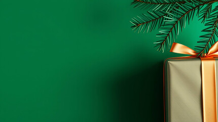 Retro-Style Deep Green Christmas Background With Pine Branch and wrapped gift box. Merry Christmas, New Year and Happy Holidays greeting card, frame, banner With Copy Space. 