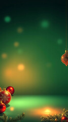 Merry Christmas, New Year and Happy Holidays greeting card, frame,banner.Red and Gold Christmas ornaments and gifts, presents on green background. Xmas holiday, New Year, Noel festive decoration theme