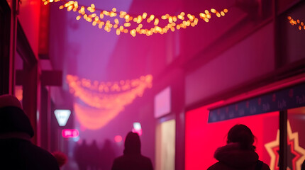 Dreamy Christmas Street Scene With Festive Lights, Cozy Holiday Background. Merry Christmas, New Year and Happy Holidays greeting card, frame, banner. 
