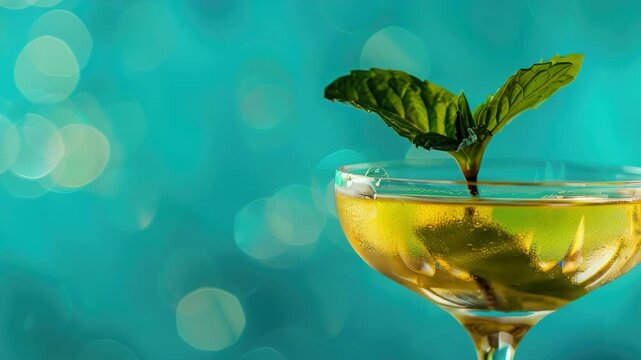 Cocktail in coupe glass garnished with mint against teal bokeh background