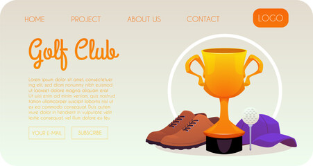 Golf club website page with a trophy, ball, cap, and shoes.