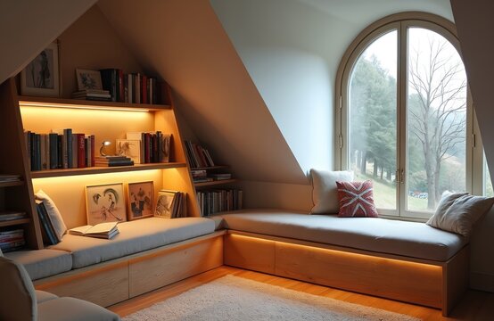 Attic room converted into cozy reading space with built-in bookshelves under sloped ceiling. Plush window seat offers storage, comfort. Soft ambient lighting creates inviting atmosphere. Large arched