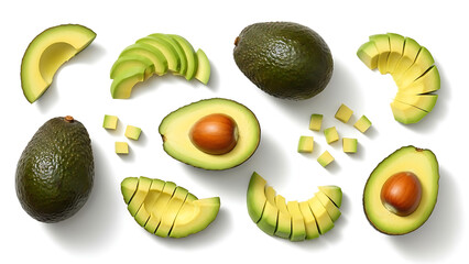 Fresh, ripe avocados displayed whole, halved, sliced, and diced on a white background, highlighting their appeal as a healthy, versatile fruit