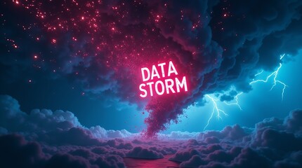 A captivating digital illustration of a stormy sky filled with vibrant clouds and lightning, with the words 'DATA STORM' prominently displayed.