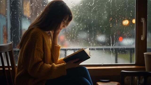 Young woman finding solace in a captivating book by a window, watching the serene rain fall, creating a cozy and reflective atmosphere indoors