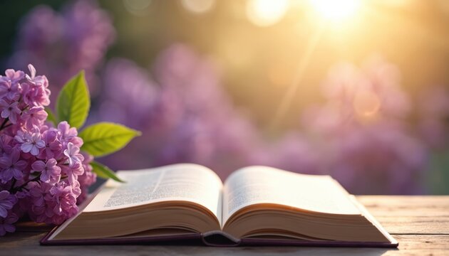 Open book rests on wooden surface. Purple flowers and leaves add to a soft day light and spring season feeling. Reading, education and knowledge concept.