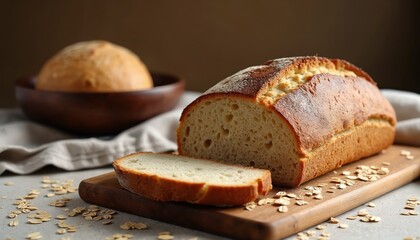 Artisan loaf of bread rests on wooden board. Sliced bread piece near. Other bread in wooden bowl at the background. Oats flakes scattered around on table.