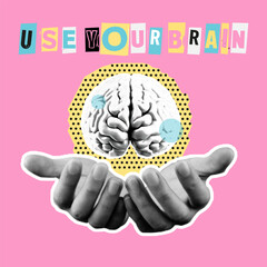 Pop art collage of human brain held by hands with playful cutout letters and halftone elements on pink background, symbolizing creativity, intelligence and mental power.