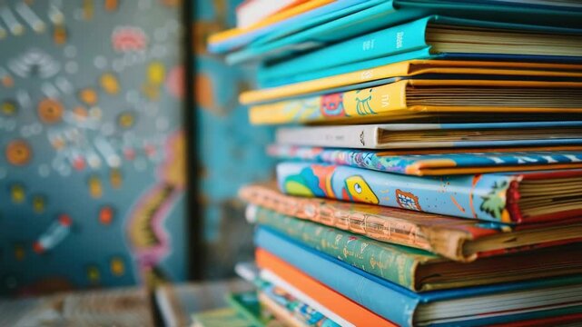 Stack of colorful children's books with detailed illustrations on covers