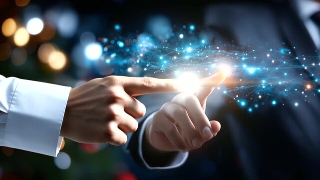 Digital holographic space routes with faceless analyst hand gesturing, defocused Christmas constellation patterns, winter deep space exploration planning, holiday interplanetary vi