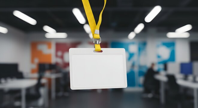 Blank ID Badge Mockup Hanging from Yellow Lanyard in Modern Office