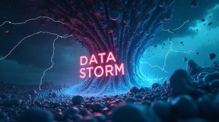 A visually striking digital scene depicting a swirling data storm with vibrant neon text and dynamic energy.