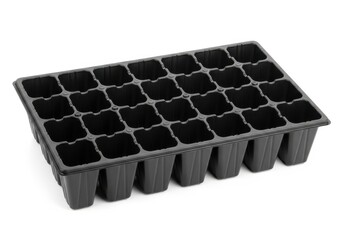 Rectangular black plastic tray features multiple individual cells for growing seedlings