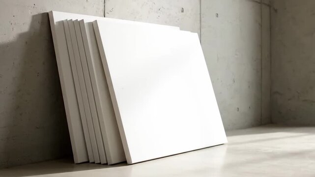 Blank canvas art leaning against concrete wall, abstract minimalist background, indoor setting, mock up, empty room.
