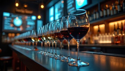 Lineup of wine glasses filled with red and white wine sit on bar counter. Digital screens display tasting notes and origin info. Bottles on shelf behind bar.