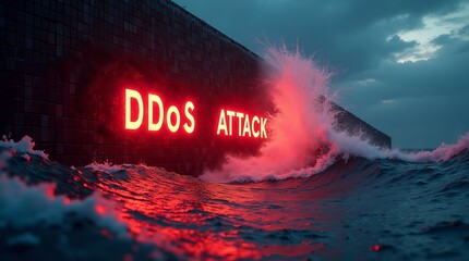 A dramatic portrayal of waves crashing against a dark wall, illuminated by bold red letters spelling 'DDoS ATTACK'.