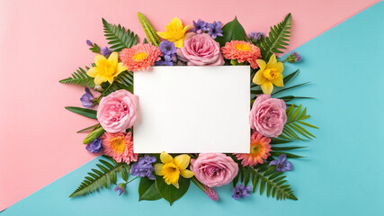 Obraz premium Colorful floral frame with blank white card for greeting design 