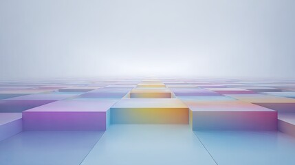 Geometric perspective with colorful blocks receding into a misty, white background. Perspective design