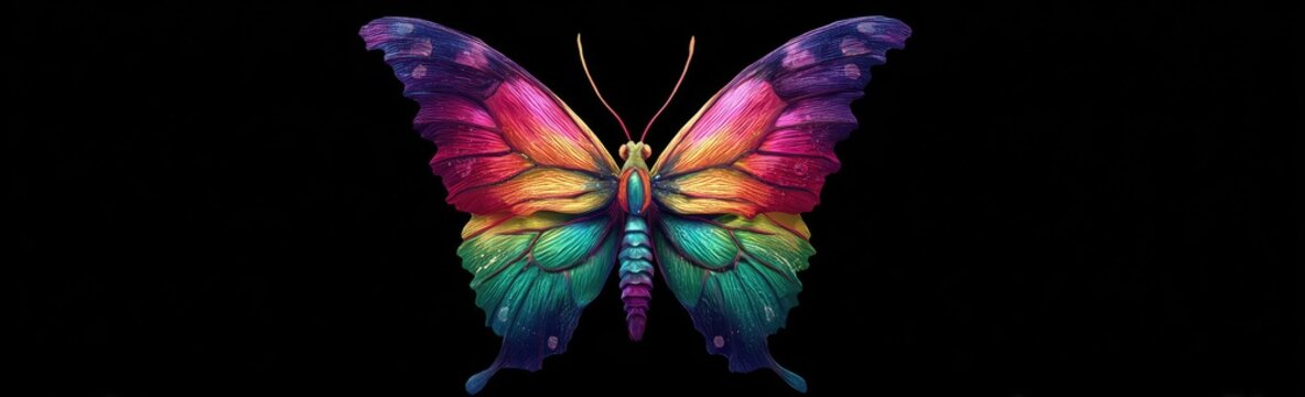 A detailed image of a vibrant butterfly with colorful wings and a black background