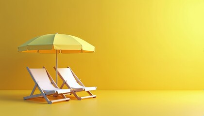 Minimalist summer scene with beach chairs and umbrella against vibrant yellow backdrop. Vacation concept represents relaxation leisure. Banner suitable for text advertising travel and holidays