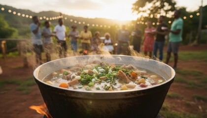 Large steaming pot of rustic stew during outdoor gathering symbolizing community bonding celebration of local cuisine. Churrasco stew , outdoor communal stew in Brazil.