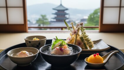 Elegant kaiseki meal arranged with seasonal ingredient and scenic pagoda view showcasing Japanese culinary artistry tradition mindfulness and refined hospitality