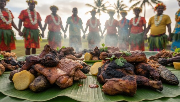 Ceremonial platter of roasted food luau kalua feast with traditionally dressed Native Hawaiian dancers in background depicting cultural ritual festive unity and heritage celebration event.