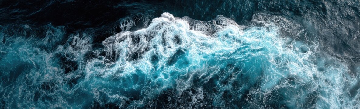 High-angle photo capturing the frothy crests of ocean waves, in varying shades of blue and white