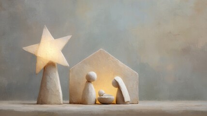 Nativity scene depicting the birth of jesus christ, mary, joseph, a glowing holy star the illuminating family