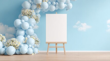 Blank canvas on easel with blue balloons and clouds, concept of announcement baby shower art
