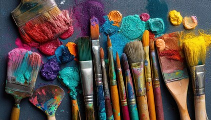 Fototapeta premium Close-up of paintbrushes and colorful blobs on a surface, illustrating art supplies