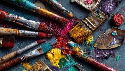 Fototapeta premium Assortment of art brushes and a palette covered in vibrant wet paint of various colors