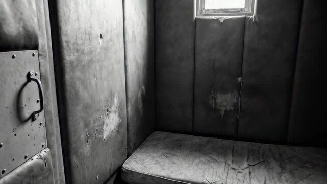 Empty padded cell with narrow window and worn mattress in psychiatric hospital setting for mental health concept.
