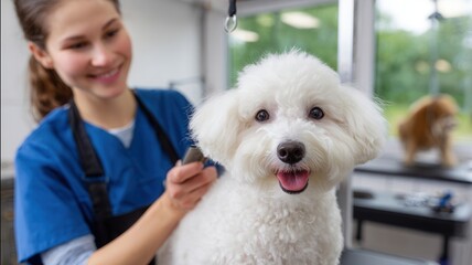 Professional groomer smiling while carefully combing the white fluffy dog, providing excellent and pet styling care services