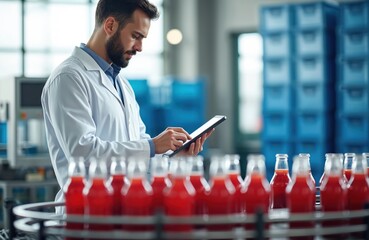 Man in white lab coat uses digital tablet by conveyor belt with glass bottles of red juice. Factory worker inspects drink production line. Industrial beverage manufacturing process.