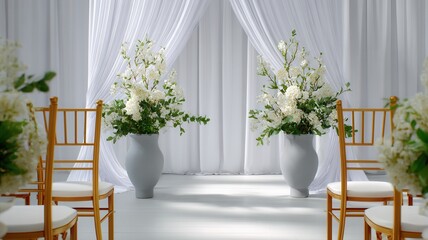 Elegant wedding ceremony aisle with white draping, lush floral wooden on placed arrangements pedestals