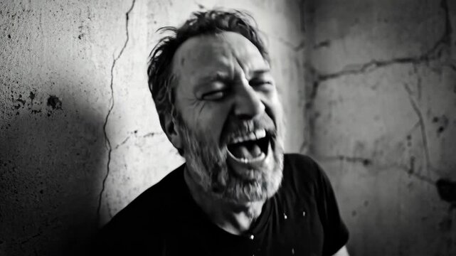 Man in distress screaming against a cracked wall. Emotional pain and mental breakdown in psychiatric ward concept.