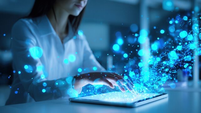 Programmer typing on keyboard generating glowing data stream, representing big data, digital transformation, technology ai - Powered by Adobe