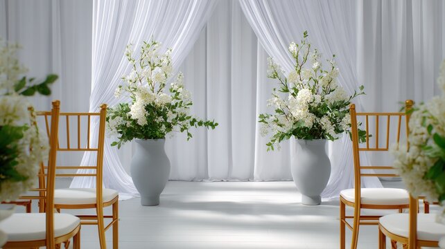 Elegant wedding ceremony aisle with white draping, lush floral wooden on placed arrangements pedestals