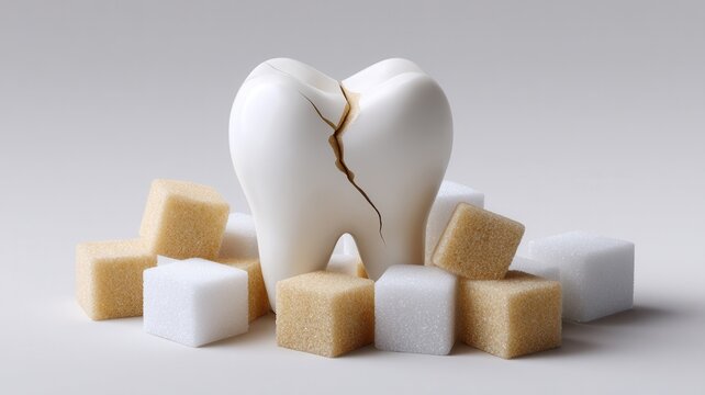 Sugar damaging cracked tooth, symbolizing dental decay, oral health risks and sweet hygiene poor foods