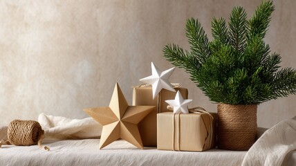 Wooden stars and natural wrapped gifts with pine branches creating a rustic festive window a decoration holiday