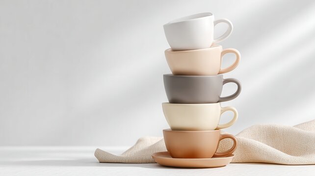 Stacked ceramic cups and mug set showcasing modern kitchenware design colors with earthy warm