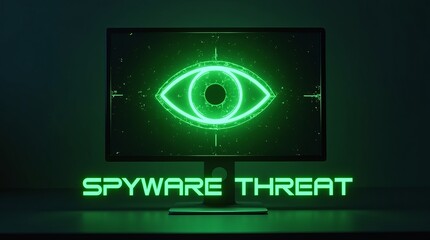 A glowing green computer monitor displaying an eye symbol, representing a spyware threat in a dark setting.