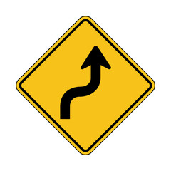 Winding road ahead traffic sign, left then right curve warning symbol, isolated on white background.