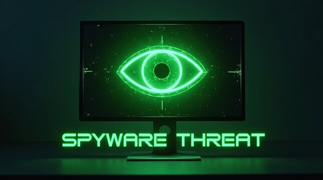 A glowing green computer monitor displaying an eye symbol, representing a spyware threat in a dark setting.