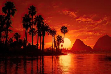 Tropical island sunset with palm trees, mountains, ocean, and a brilliant fiery orange sky